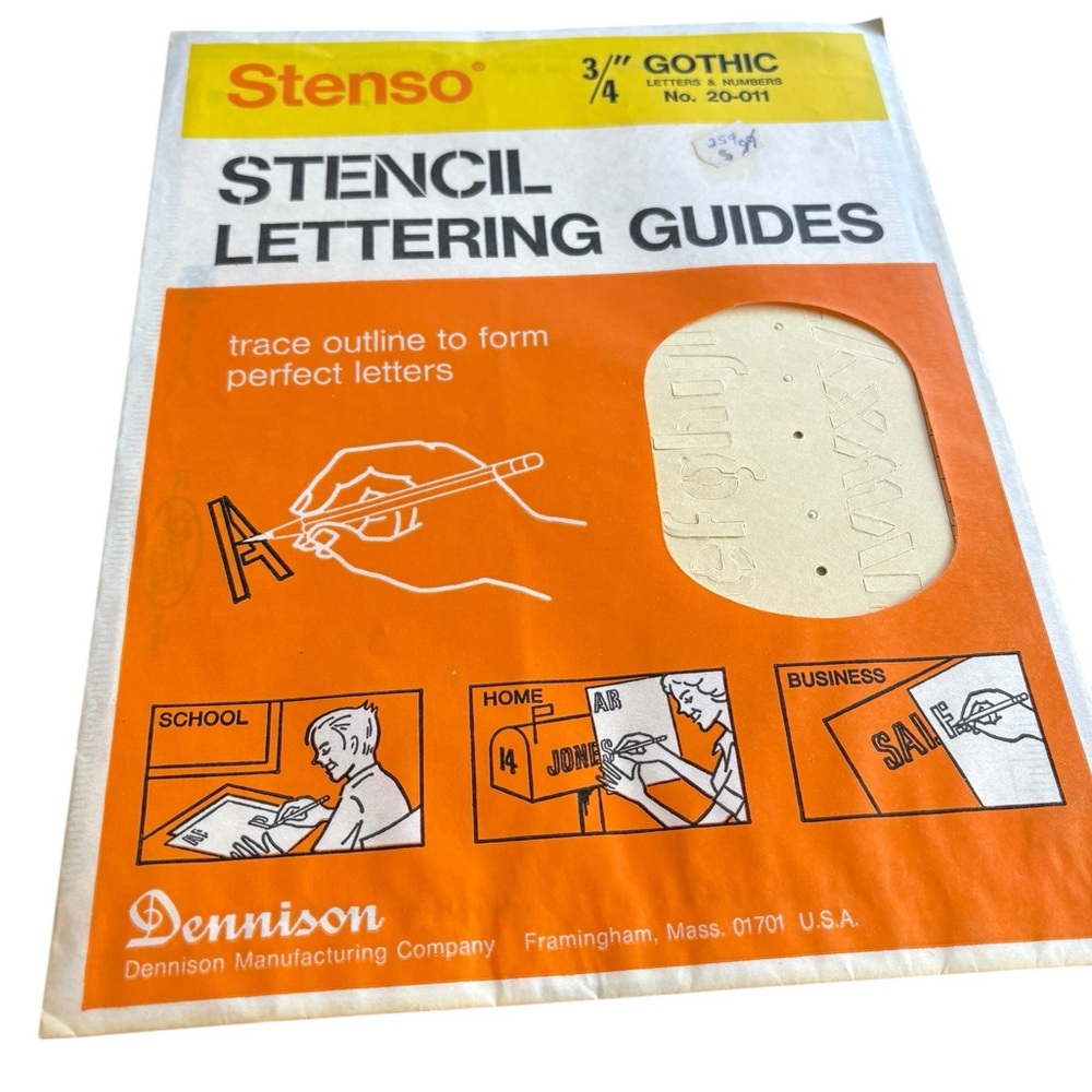 Vintage Stenso Stencil Lettering Guides 3/4" Gothic Letters & Numbers Dennison